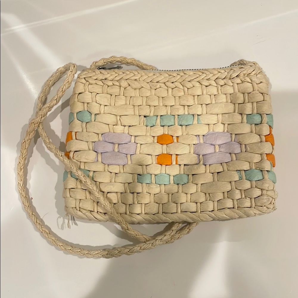 Woven Beige Crossbody Bag with Multicolor Accents